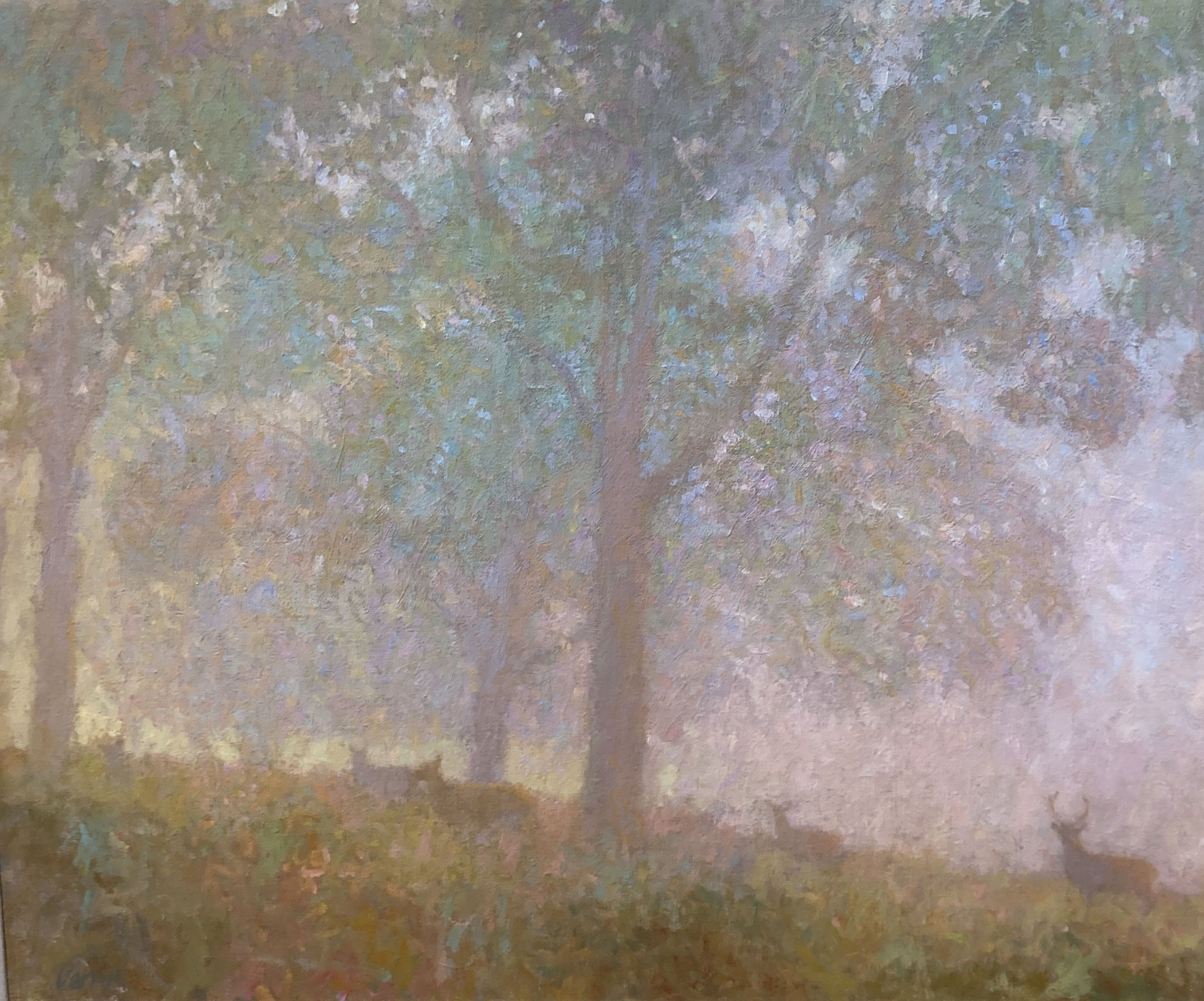 § Nicholas Verrall (b.1945), oil on board, Early morning, Richmond Park, Bourne Gallery label verso, signed, 50 x 61cm